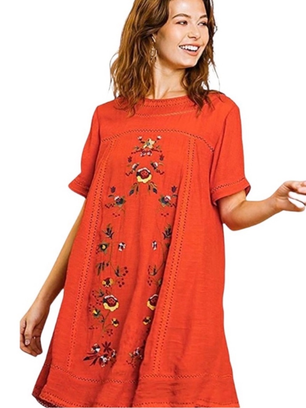 NWOT Umgee Rust Red Embroidered Short Sleeve Dress/Tunic